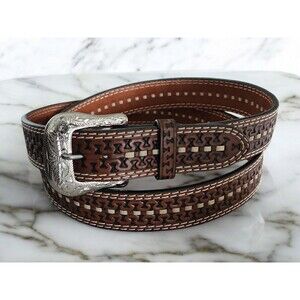 Western Cowboy Ranger Tooled Brown Leather Belt Double Stitch Serpentine Size 54